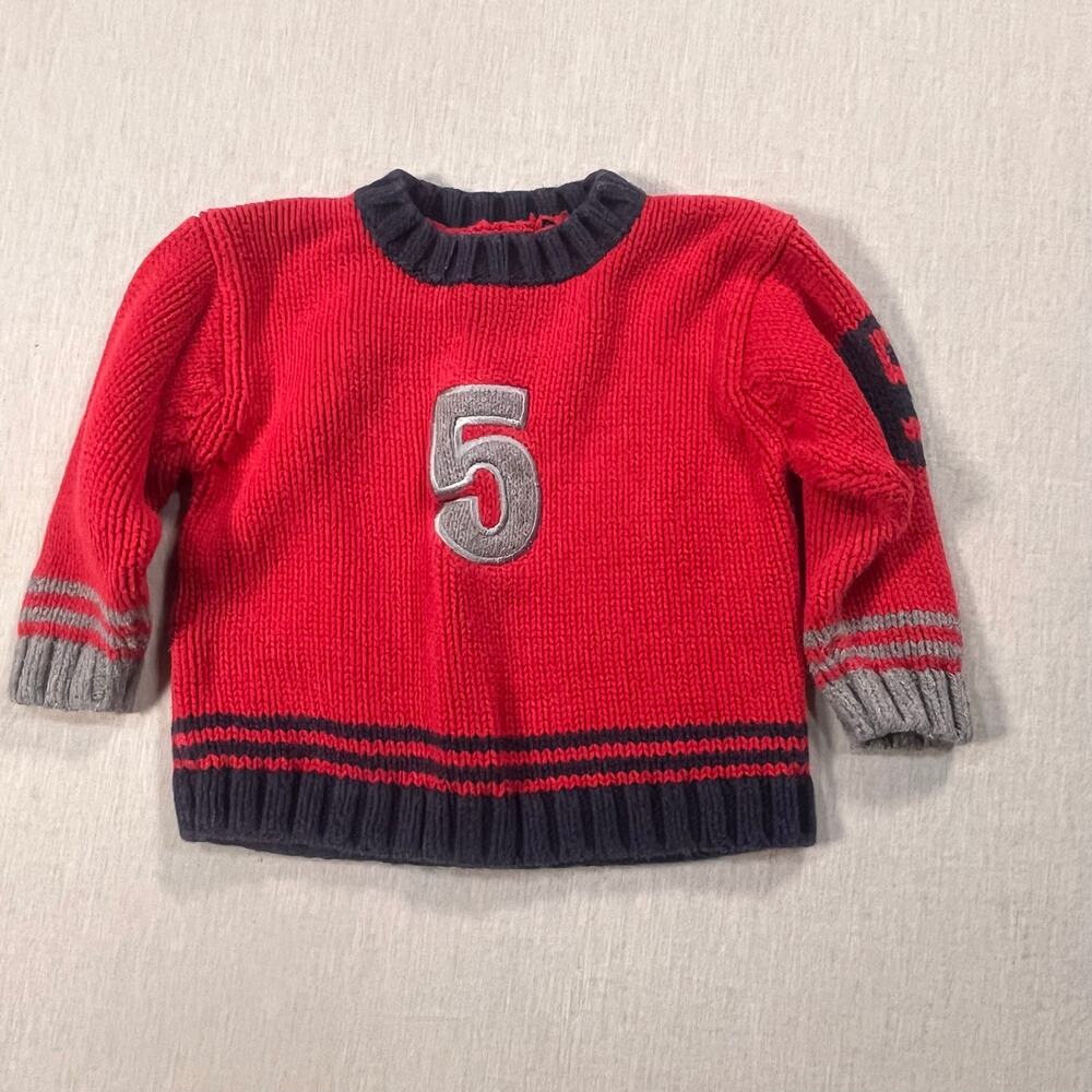 Lands End Baby Red Knit Sweater 18M Number 5 Patch Warm Cozy Classic Boy